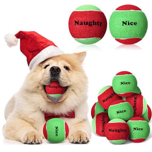 Poen 12 x Weihnachts-Tennisbälle, 6,4 cm, Grün und Rot, Hundestrumpffüller, Welpen, interaktives Spielzeug für Training, Spielen von Poen