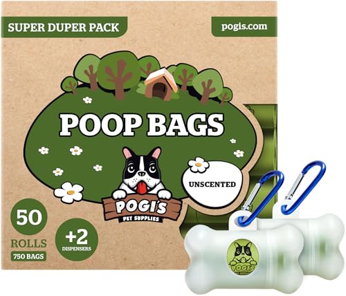 Pogi Hundekotbeutel – ohne Duft, reißfest, auslaufsicher und extra groß – 50 Nachfüllrollen (750 Gassibeutel) mit 2 Spendern von Pogi's Pet Supplies