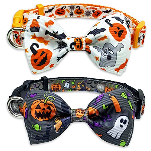2 Stück Halloween Hundehalsband mit Fliege, Holiday Jack-O-Lantern und Kürbis-Halsband für kleine, mittelgroße und große Hunde, Haustiere Welpen (mittel) von Pohshido