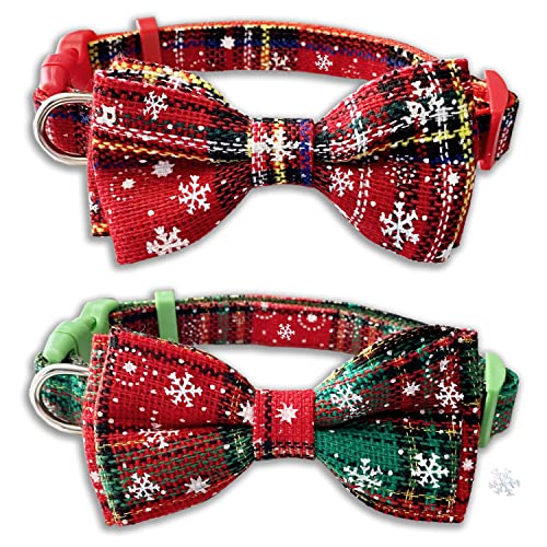 2 Stück Weihnachts-Hundehalsband mit Fliege, Feiertags-Buffalo Schneeflocken-Halsband für kleine, mittelgroße und große Hunde, Katzen, Welpen (groß (40.6 - 68.6 cm), Halsumfang 2.5 cm breit) von Pohshido