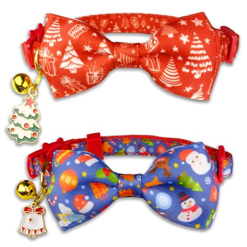 2er-Pack Weihnachts-Halsbänder mit Fliege und Glöckchen – festliches verstellbares Halsband-Set mit Weihnachtsbaum- und Glockenanhängern, rot und blau, Weihnachtsmann- und Schneemann-Muster für kleine von Pohshido