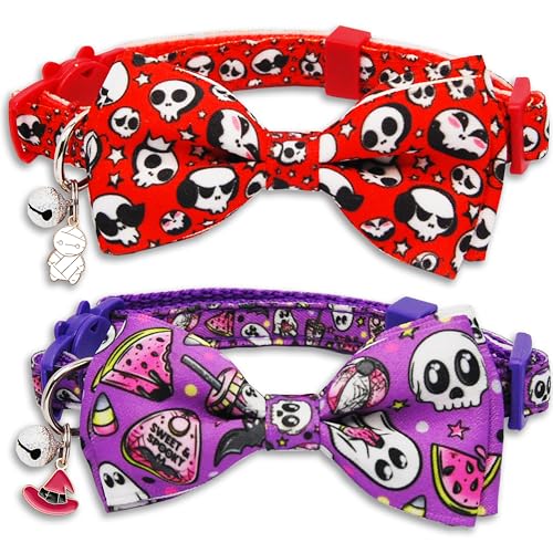 Halloween-Katzenhalsband, 2 Stück, verstellbar, mit Fliege, mit Kürbis, Geist, Zuckermais-Anhänger, weiches Nylon, Sicherheitshalsband für Katzen und kleine Hunde Halloween-Katzenhalsband, 2 Stück, verstellbar, mit Fliege, mit Kürbis, Geist, Zuckermais-Anhänger, weiches Nylon, Sicherheitshalsband für Katzen und kleine Hunde von Pohshido
