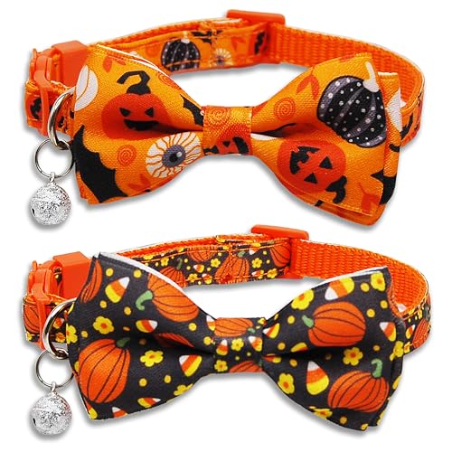 Halloween-Katzenhalsband mit Fliege und Glöckchen, für Urlaub, Kürbis, Süßigkeiten, Mais, Halsband für Kätzchen, Mädchen und Jungen, Katzen, 2 Stück Halloween-Katzenhalsband mit Fliege und Glöckchen, für Urlaub, Kürbis, Süßigkeiten, Mais, Halsband für Kätzchen, Mädchen und Jungen, Katzen, 2 Stück von Pohshido