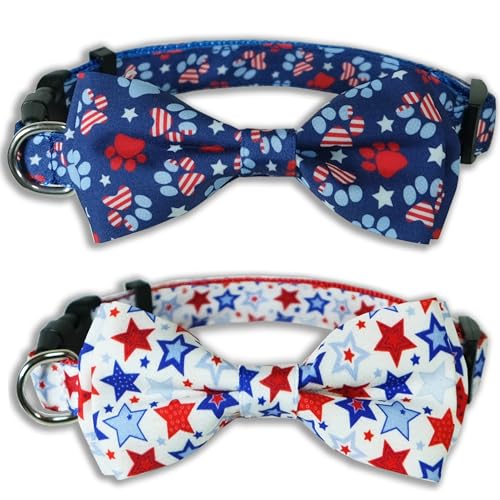 Hundehalsband mit Fliege zum 4. Juli, 2 Stück, Feiertags-Unabhängigkeitstag, patriotische Pfoten, Halsband für große, mittelgroße und kleine Hunde (groß (40.6–68.6 cm) Halsumfangx2.5 cm breit) von Pohshido