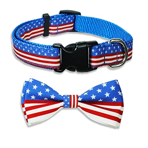 Hundehalsband mit Fliege zum 4. Juli, USA-Unabhängigkeitstag, amerikanisches patriotisches Halsband mit Sicherheitsschnalle für kleine, Welpen (Größe S: 27.9 cm,43.2 cm) Halsumfangx1.6 cm breit von Pohshido
