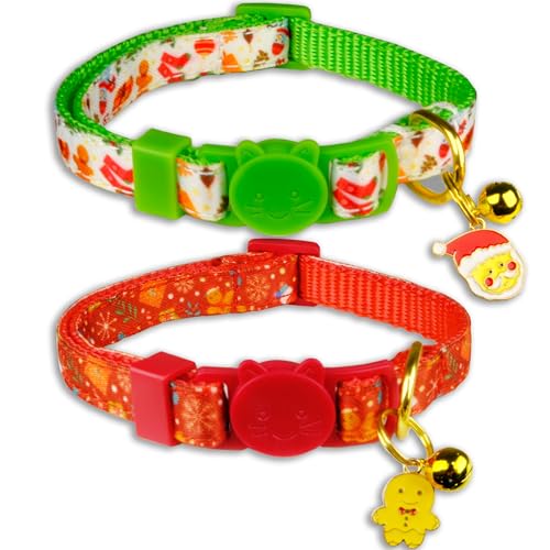 Katzenhalsbänder mit Weihnachtsmann- und Lebkuchenanhängern, verstellbar, mit Weihnachtsmann- und Lebkuchenanhängern, festliches Karomuster für Katzen und kleine Haustiere, 2 Stück Katzenhalsbänder mit Weihnachtsmann- und Lebkuchenanhängern, verstellbar, mit Weihnachtsmann- und Lebkuchenanhängern, festliches Karomuster für Katzen und kleine Haustiere, 2 Stück von Pohshido