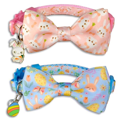 Katzenhalsband mit Fliege und Anhängern, verstellbares Sicherheitsdesign, Hasen- und Pastellei-Muster, weiches, bequemes Nylon für kleine Katzen und Kätzchen, 2 Stück von Pohshido