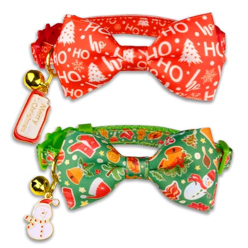 Pohshido 2 x Weihnachts-Halsbänder mit Fliege und Glocke, Schneemann- und Weihnachtsmann-Muster für kleine, mittelgroße und große Katzen und Kätzchen, festliches Weihnachtszubehör mit Anhängern von Pohshido