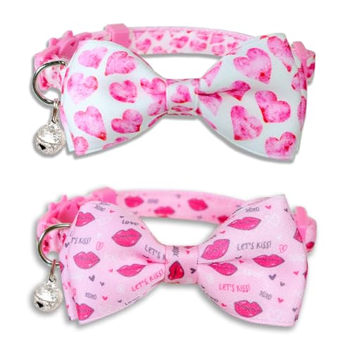 Pohshido Katzenhalsband für den Valentinstag, mit Fliege, Glöckchen und Anhänger, verstellbar, mit Herz- und Kuss-Motiv, für männliche und weibliche Katzen von Pohshido