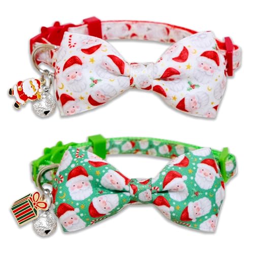Pohshido Katzenhalsband mit Fliege und Glöckchen, Weihnachtsmann, niedliches Halsband für Jungen und Mädchen, 2 Stück von Pohshido