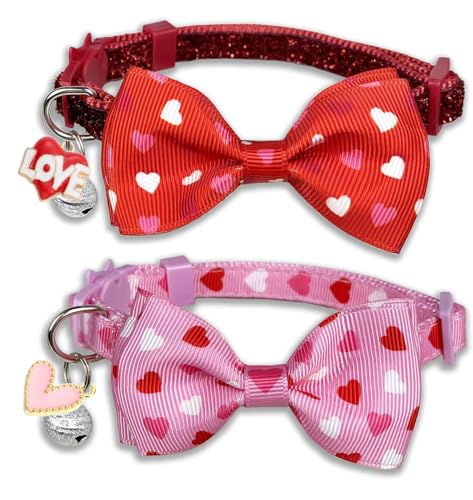 Pohshido Katzenhalsband zum Valentinstag mit Fliege und Perlen, teilbares Herz-Halsband für männliche und weibliche Katzen, verstellbares Katzenhalsband für Jungen und Mädchen von Pohshido
