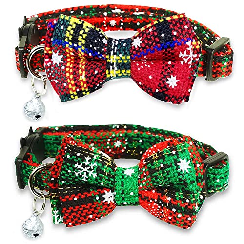 Pohshido Weihnachtliches Katzenhalsband mit Fliege und Glocke, Urlaub-Büffelkariert, Breakaway, Kätzchen-Halsband für Mädchen, Jungen, männliche weibliche Katzen von Pohshido