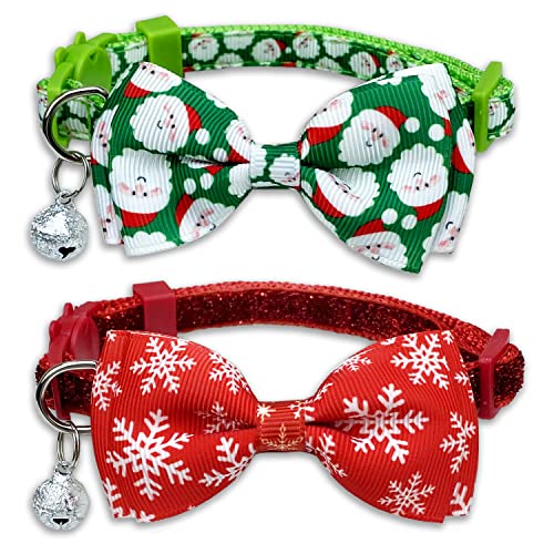 Pohshido Weihnachtliches Katzenhalsband mit Fliege und Glöckchen, 2 Stück, Weihnachtsmann und Schneeflocke, Feiertagshalsband für Jungen und Mädchen, Kätzchen von Pohshido