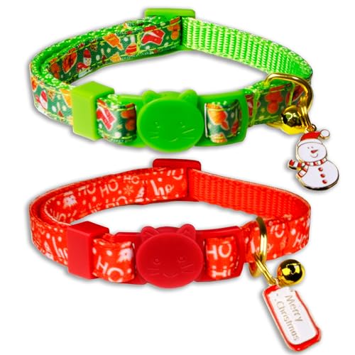 Pohshido Weihnachts-Katzenhalsbänder für Kätzchen und ausgewachsene Katzen, festliches Urlaubs-Halsband-Set mit Schneemann- und Frohe Weihnachtsanhänger, verstellbare Sicherheitsschnalle von Pohshido
