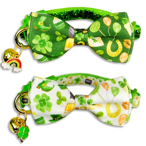 St. Patrick's Day Katzenfliege, grünes Kleeblattmuster mit festlichen Feiertags-Charms für Katzen und kleine Haustiere, verstellbares Haustierhalsband mit Regenbogen und Glücksglocke von Pohshido