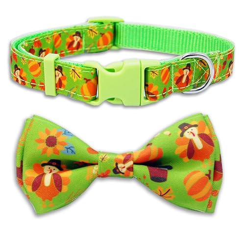 Thanksgiving Hundehalsband mit Fliege, verstellbares grünes Haustierhalsband mit niedlichem Truthahn-, Kürbis- und Herbstblätter-Muster, festliches Urlaubszubehör für kleine, mittelgroße und große Thanksgiving Hundehalsband mit Fliege, verstellbares grünes Haustierhalsband mit niedlichem Truthahn-, Kürbis- und Herbstblätter-Muster, festliches Urlaubszubehör für kleine, mittelgroße und große von Pohshido