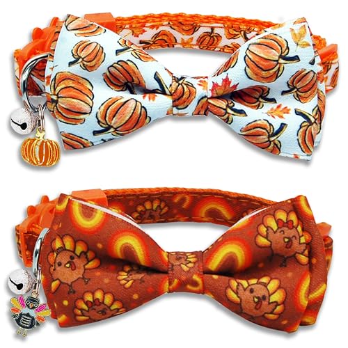 Thanksgiving-Katzenhalsband mit abnehmbarer Fliege und Glöckchen, Urlaubssicherheit, Kätzchen-Halsband mit Truthahn- und Kürbis-Gewürzmuster von Pohshido