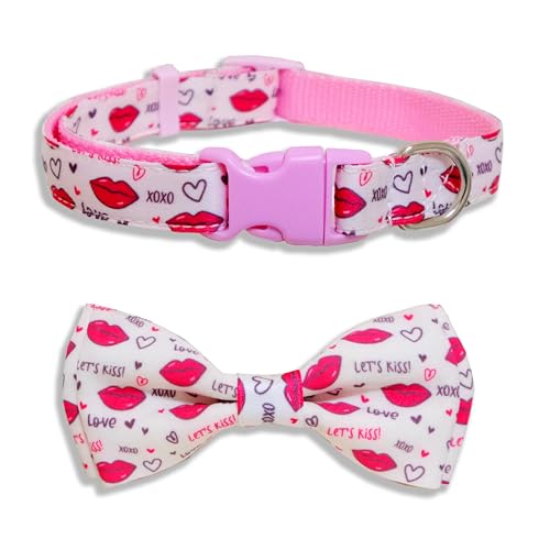 Valentine Hundehalsband mit Fliege, Urlaub Let's Kiss und XOXO Halsband für große, mittelgroße und kleine Haustiere Welpen (M (31,8–50,8 cm) Halsumfang x 1,9 cm breit, Let Kiss) von Pohshido