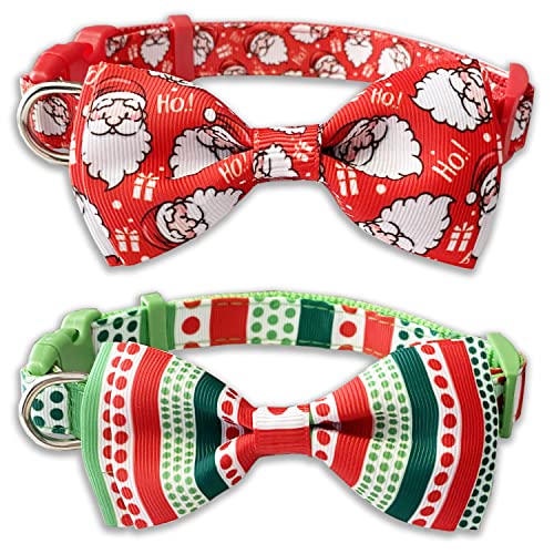 Weihnachts-Hundehalsband mit Fliege, 2 Stück, Weihnachtsmann- und Punkte-Halsband für kleine, mittelgroße und große Hunde, Haustiere, Welpen (groß (40,6 - 68,6 cm), Halsumfang 2,5 cm breit) von Pohshido