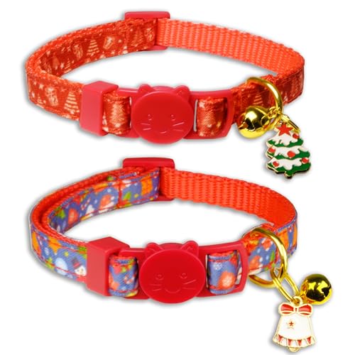 Weihnachts-Katzenhalsbänder mit Glöckchen und festlichen Anhängern, Sicherheitsschnalle, verstellbares Urlaubs-Katzenhalsband-Set für Kätzchen und ausgewachsene Katzen, 2 Stück von Pohshido