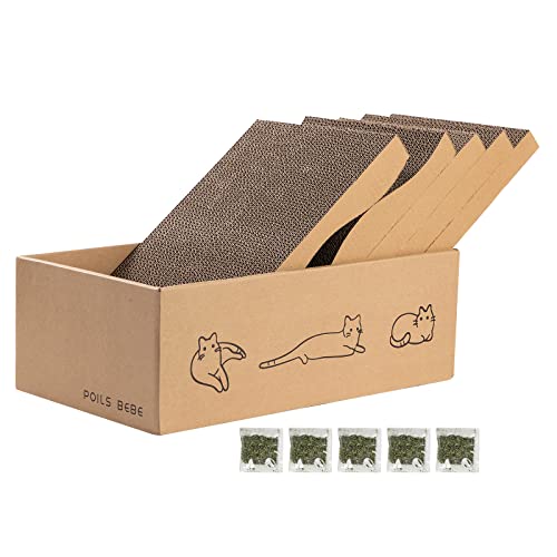 Poils bebe 5-teiliges Katzenkratzbrett mit Box, wendbare Katzenkratzbretter für Hauskatzen, Katzenkratzbrett aus Karton mit Katzenminze, 2 Gebogene und 3 Flache Bretter als Kratzbett von Poils bebe