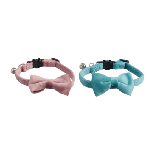 2 x Samthalsbänder mit Fliege, einfarbig, Schleife, Katzen-Halskette mit Glöckchen, verstellbare Halsbänder für Kätzchen, Welpen, Haustierverkleidungszubehör von Pokinge