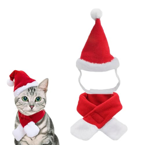 Pokinge 2 Teile/Set Weihnachtsmütze mit Schal, roter Plüsch-Schal, Nikolausmütze für Kätzchen, Welpen, Haustier-Kostüm, Zubehör, kreatives Neujahrsgeschenk für Weihnachten von Pokinge