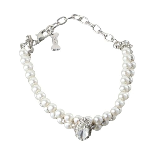 Verstellbares Hundehalsband mit Perlenhalskette, Lederhalsband mit Kristall-Strasssteinen und Perlen, PU-Leder-Umhängeband für Hunde, Katzen, Hochzeit, Party (S,A) von Pokinge
