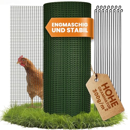 POLYMERNET Hühnerzaun 25m lang | 90cm hoch | Freilaufgehege Hühner mit 15 Befestigungsstäben | Mobiler Zaun für Kleintiere | Engmaschiger Geflügelzaun von Polymernet