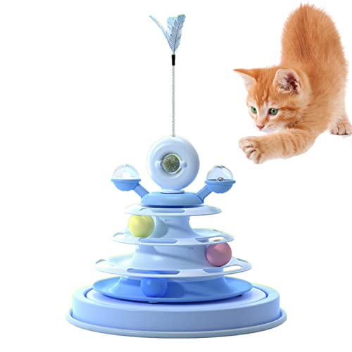 Pomurom Cat-Kugelbahn | 360 ° drehbare Katzenspielzeug-Kugelbahn | 4-stufiges rotierendes Windmühlen-Katzenrollenspielzeug mit Katzenfeder-Teasern und Katzenminze für Heimkätzchen von Pomurom
