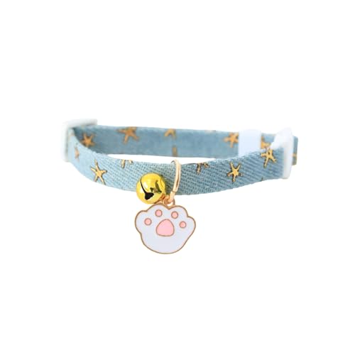 Poo4kark Pet Abnehmbares Katzenhalsband Cowboy-Stoff mit Katzenanhänger, Halsband, geeignet für weibliche männliche Katzen, Sternendruck (Light Blue, 18cm) von Poo4kark