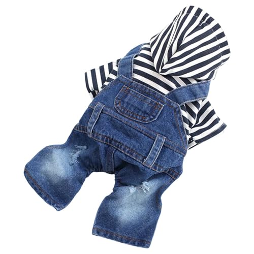Poo4kark Pet Gestreifter Denim-Jumpsuit mit Hosenträgern, Haustier-Outfit mit verstellbaren Trägern, Overall-Stil für kleine bis mittelgroße Hunde Katzen (Sky Blue, XXL) von Poo4kark