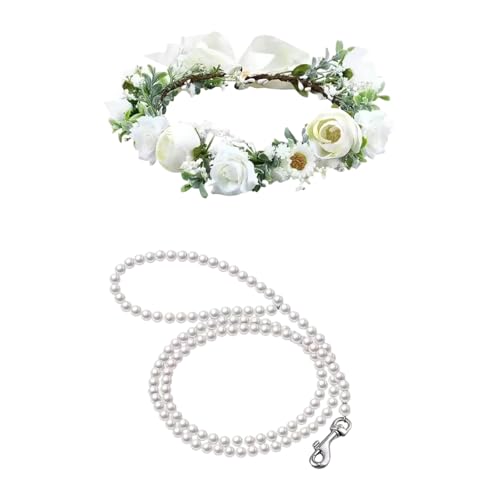 Poo4kark Pet Hundeblumenhalsband Hochzeit Zugseil Set Perle Geeignet für Hundeperlenperlen Hundezugseil Hundehalsband Hochzeit Verstellbar Geeignet für mittelgroße Hunde (White, 24cm) von Poo4kark