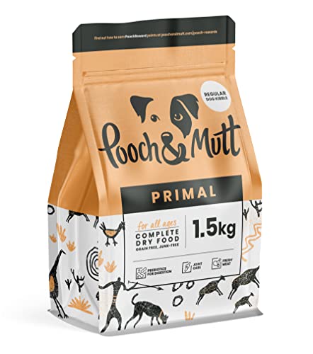 Primal Grain Free Trockenfutter für Hunde von Pooch & Mutt , Lachs-, Lamm-, Hühnchen- und Straußengeschmack (normale Kroketten), 1,5 kg (Verpackung kann variieren) von Pooch and Mutt