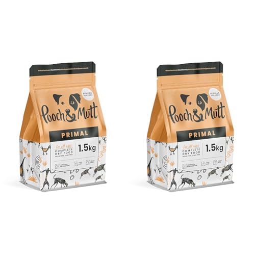 Primal Grain Free Trockenfutter für Hunde von Pooch & Mutt, Lachs-, Lamm-, Hühnchen- und Straußengeschmack (Normale Kroketten), 1,5 kg (Verpackung kann variieren) (Packung mit 2) von Pooch & Mutt