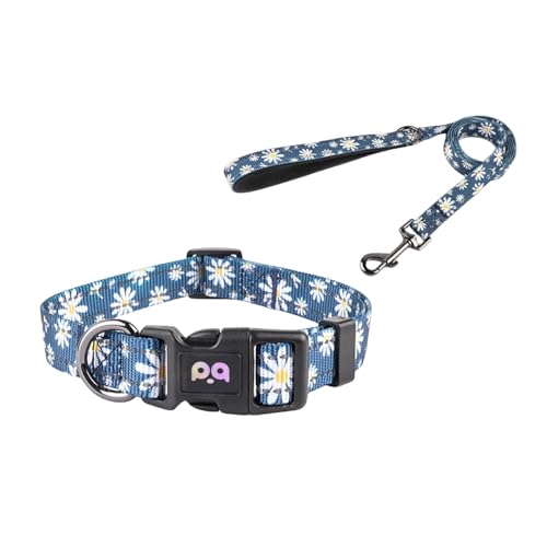 Porceosy Hundehalsband für Sicherheit, Blumenmuster, verstellbare reflektierende Streifen, Set mit Traktionsleine, Blau, Größe M von Porceosy