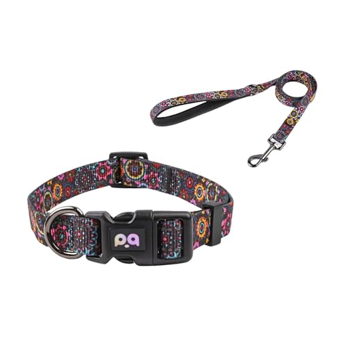 Porceosy Hundehalsband für Sicherheit, Blumenmuster, verstellbare reflektierende Streifen, Set mit Traktionsleine, Muster, Schwarz, Größe S von Porceosy