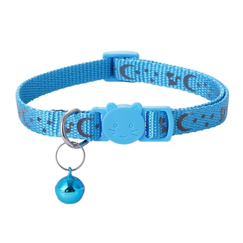 Porceosy Katzenhalsband, verstellbar, mit Glocke und Sicherheitsschnalle, Stern-Mond-Druck, Breakaway-Nylonhalsband für Kätzchen, Katzen, Blau von Porceosy