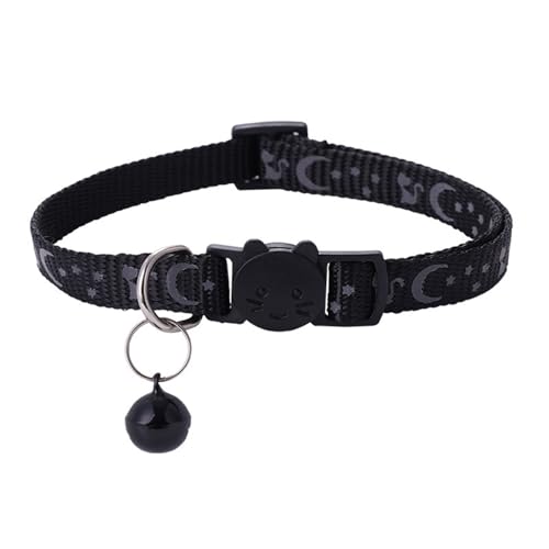 Porceosy Katzenhalsband, verstellbar, mit Glocke und Sicherheitsschnalle, Stern-Mond-Druck, Breakaway-Nylonhalsband für Kätzchen, Katzen, Schwarz von Porceosy