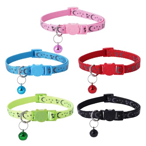 Porceosy Verstellbares Katzenhalsband mit Glocke und Sicherheitsschnalle, Stern-Mond-Druck, Breakaway-Nylon-Halsband für Kätzchen, Katzen, mehrfarbig von Porceosy