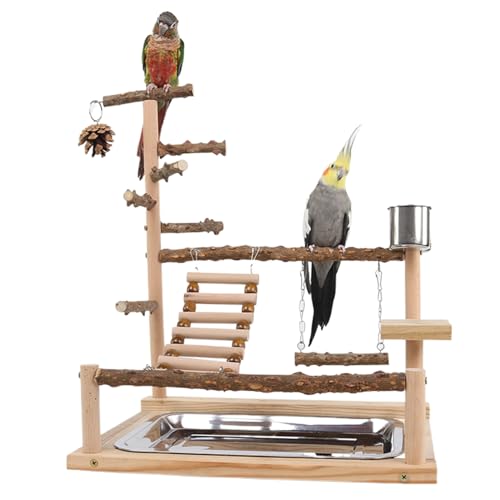 Bird Playground Naturalholz Papageienstand mit Feeder Cup Bird Perch Spiele Gymnastik Blockgussspielzeug Mehrzweckpapagei von Porgeel