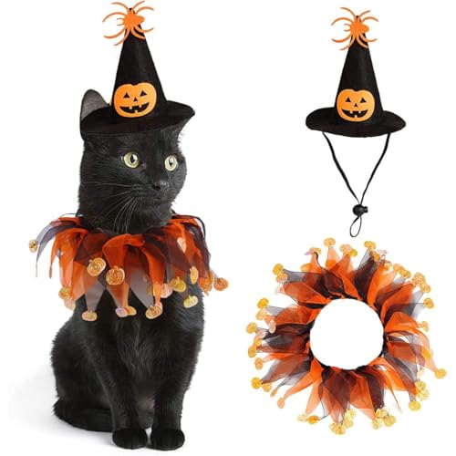 Porgeel Katzen Halloween Kostüm Set: Hexenhut & Jester Kragen, Schwarz/Orange, Polyester, Einstellbare Größe: 20-40 cm (nur für den Hut), Halloween, Pet Kostüm von Porgeel