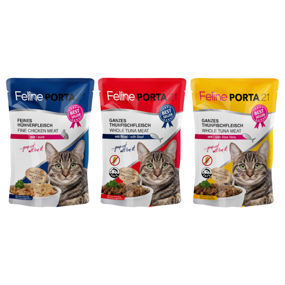 Sparpaket Feline Porta 21 Frischebeutel 24 x 100 g - Mixpaket Thunfisch & Huhn (3 Sorten) von Porta 21