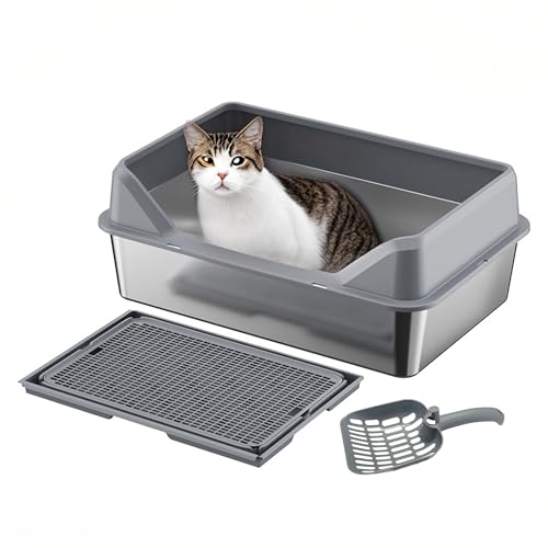 Katzentoilette Edelstahl XXL, Litter Box Katzenklo, 38L Große Katzenklo Edelstahl, Katzenklo hoher Rand, Katzentoilette mit Schaufel und Matte, Einfache Reinigen, 60x40x30cm, Dunkelgrau von PortoAlegre