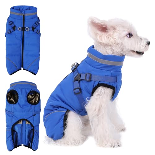 Poseca Hundejacke Hundemantel mit Geschirr Hunde Winterweste Gefüttert Wasserdicht Gepolsterte Weste Mit Brustgurt Welpen Reißverschluss Warme Jacke von Poseca