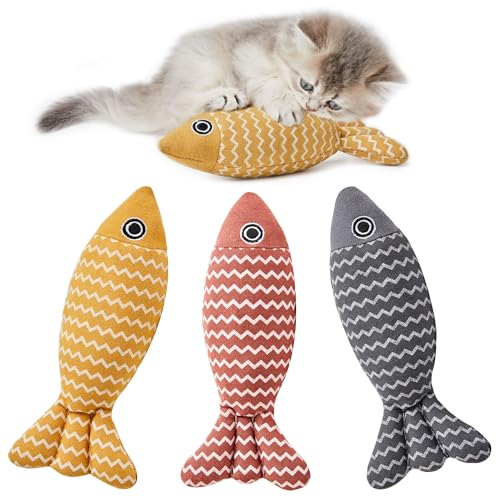 Potaroma Katzenspielzeug Fisch, 3 Stück, knisterndes Katzenminze-Spielzeug, bissfestes Leinen, interaktives Katzen-Kicker-Spielzeug für Indoor-Katzen, fördert Kätzchen-Übung, 20 cm von Potaroma