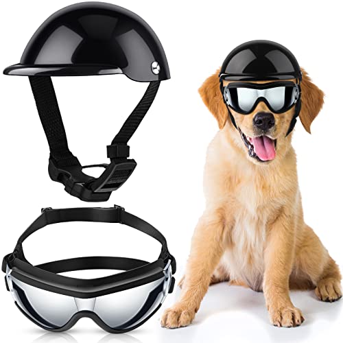 2-teiliges Hunde-Sonnenbrille und Haustierhelm-Set mit Hundebrille, Staub, Wind, UV-Schutz, Hundebrille und Hundebrille, Motorradhelm, Fahrradhut für mittelgroße oder große Haustiere (cooler Stil) von Potchen