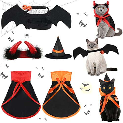 5 Stück Haustier-Halloween-Kostüm inklusive Katzen-Fledermausflügel mit Glocke für Halloween-Party-Dekoration, roter Samt-Umhang mit Hut, Cosplay, Verkleidungszubehör von Potchen