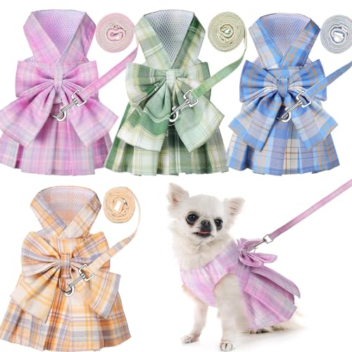 Potchen 4-teiliges kariertes Hundekleid mit Fliege, Geschirr, Geschirr für kleine Hunde, niedliches Haustier, Mädchen, Welpen, Sommerkleidung für weibliche Kaninchen, Yorkie, Chihuahua, Training, von Potchen