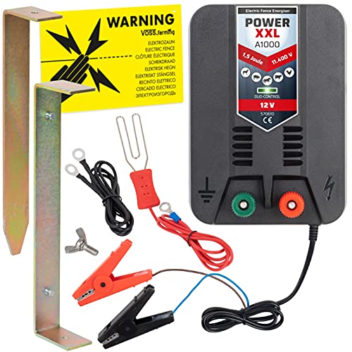 Power XXL A1000 Set 12V Elektrozaungerät Weidezaungerät inklusive Zubehör für mittlere Einzäunungen, Weidezaun Paddock Gehege 11.400 Volt 1,47 Joule von Power XXL